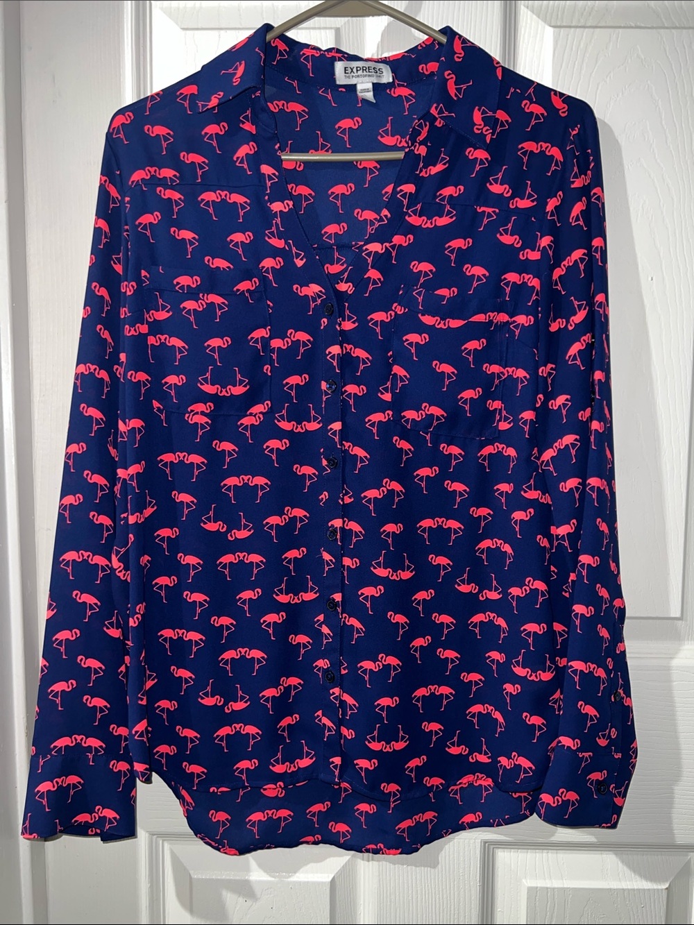 Express Navy Button-Down Shirt with Pink Flamingo Print
